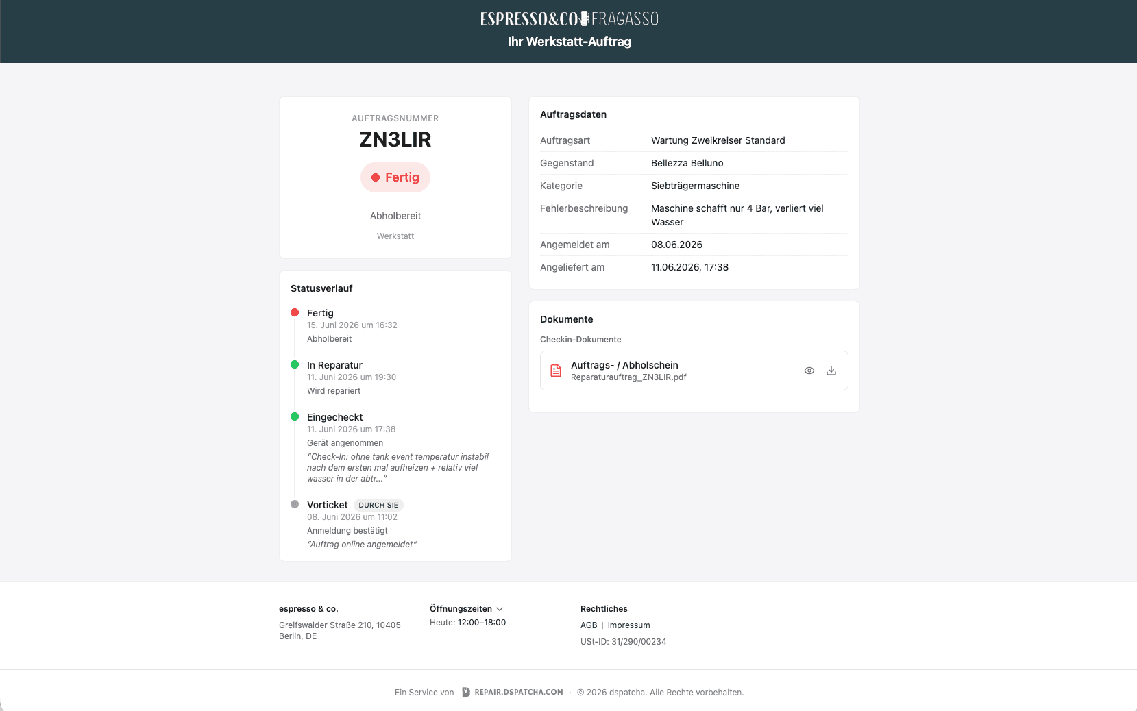 Statusseite für den Kunden mit Statusverlauf und Dokumenten