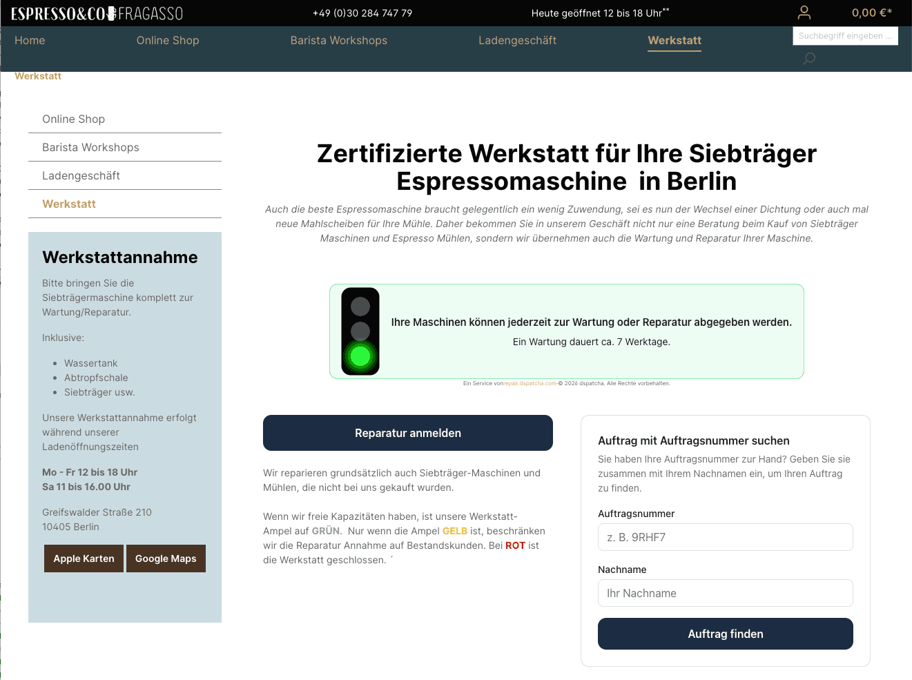 Reparatur-Anmeldung direkt auf der Website von espresso&co mit Werkstattampel