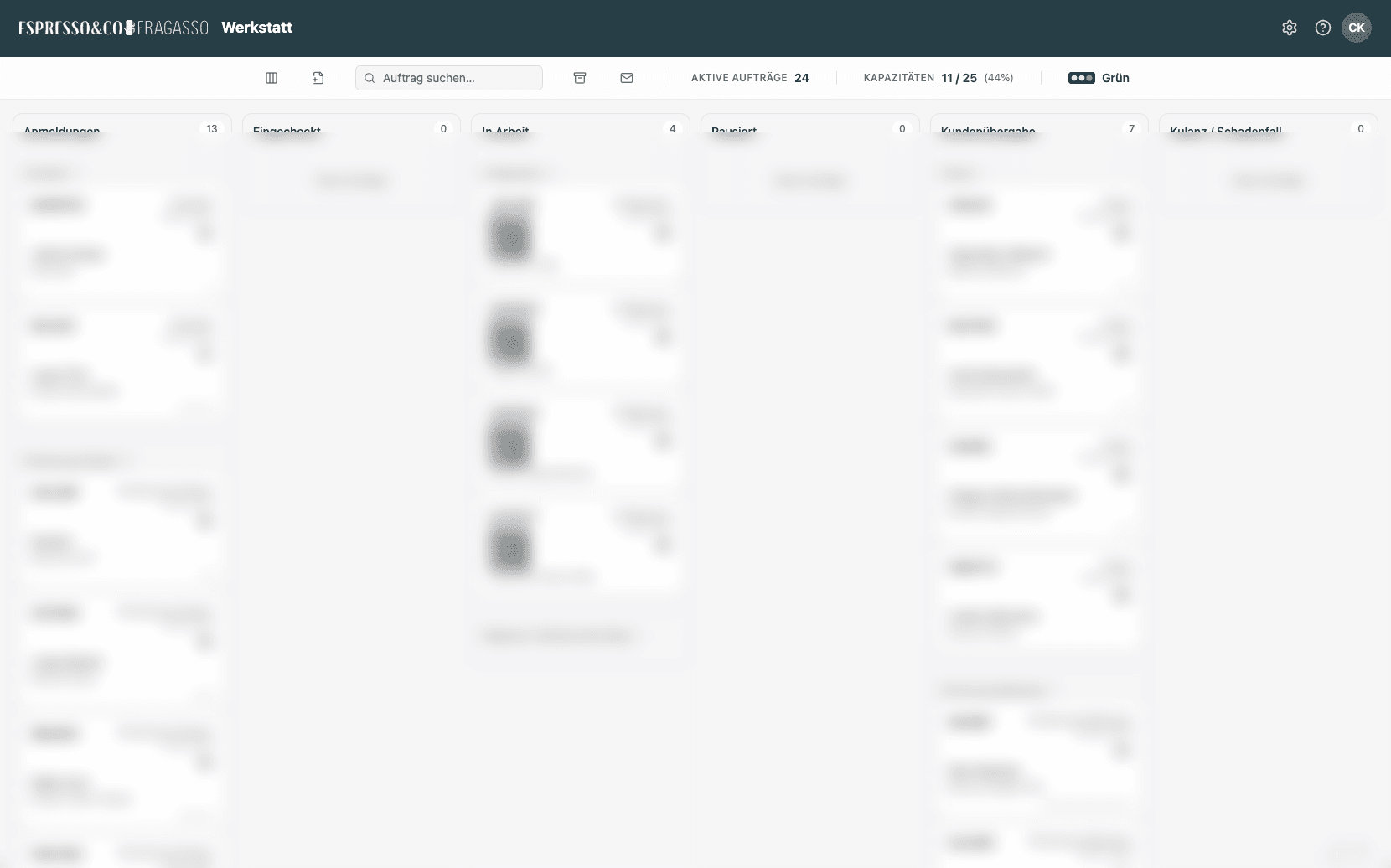 Werkstatt-Dashboard von espresso&co: alle Aufträge nach Status, Kundennamen unkenntlich gemacht